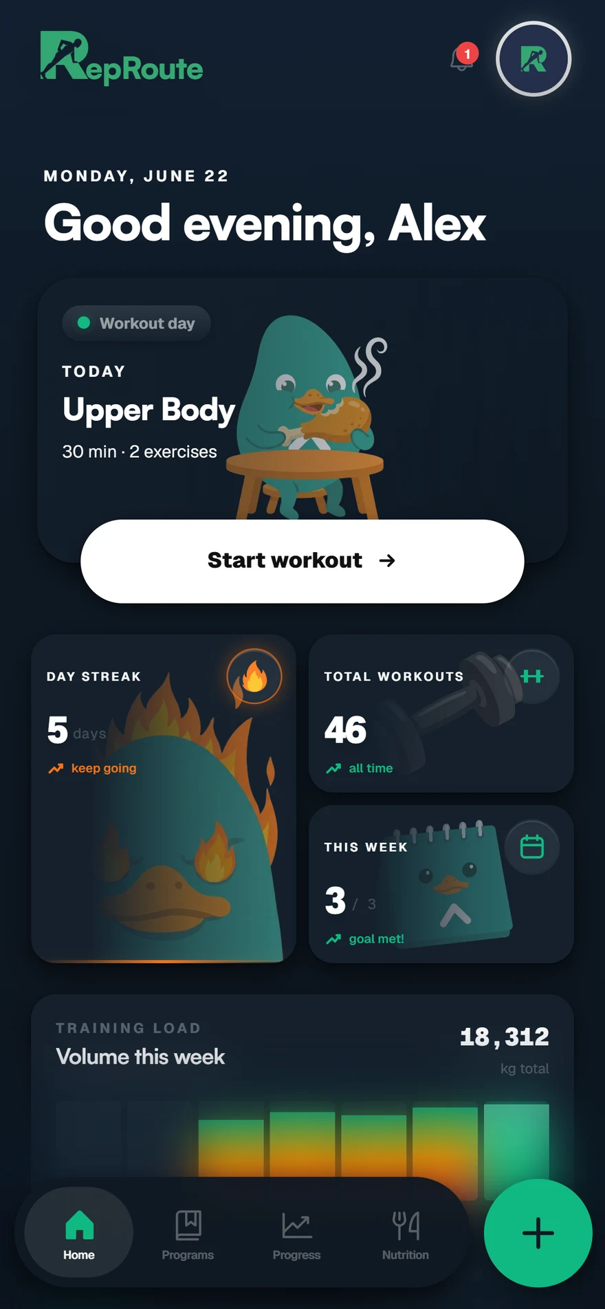 The RepRoute app dashboard — today's workout, streak and weekly training load