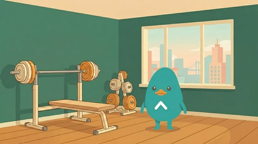 A neat gym corner with a flat bench, a loaded barbell on the rack and a weight-plate tree