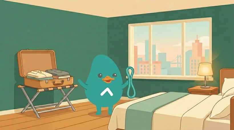 A tidy hotel room with an open suitcase on a rack and a resistance band on the bed