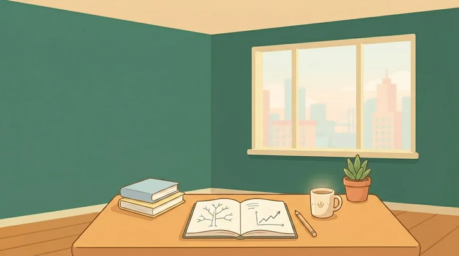 An open notebook with branching diagrams and an upward graph on a tidy desk, brand flat-illustration style