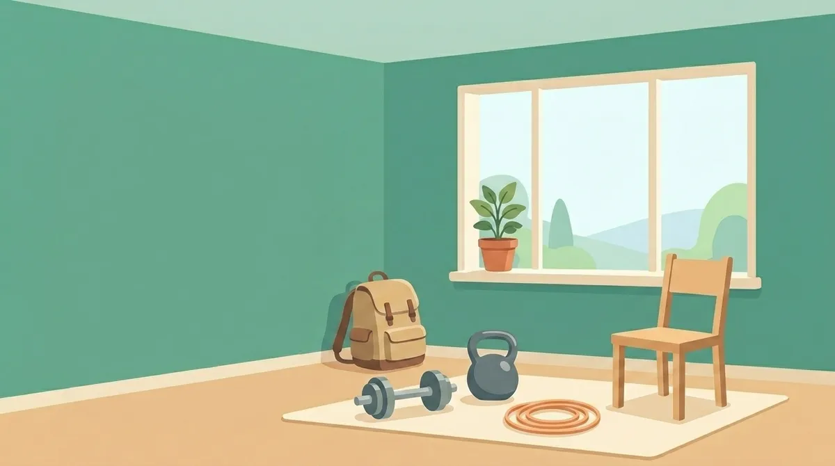 A home workout corner with a dumbbell, kettlebell, resistance band, backpack and chair