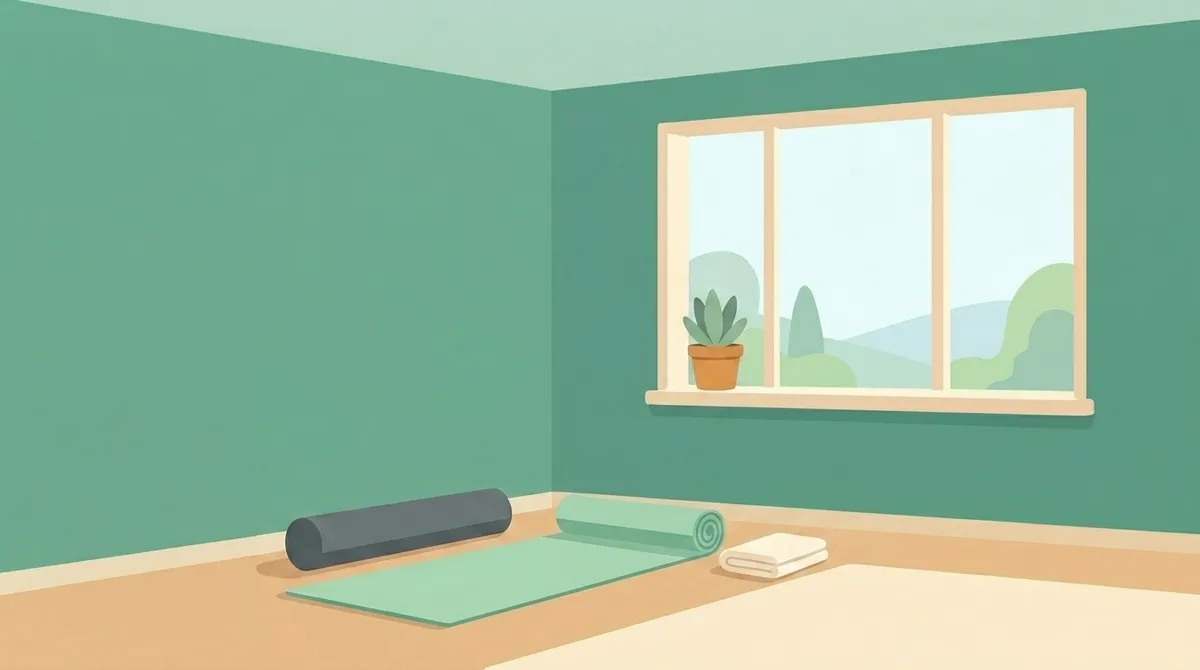 A calm recovery corner with a yoga mat, foam roller and folded towel