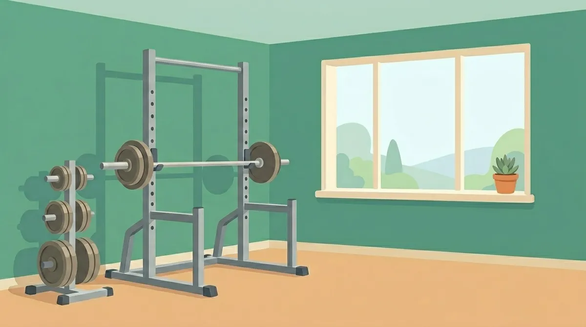 A loaded barbell on a squat rack beside a weight-plate tree